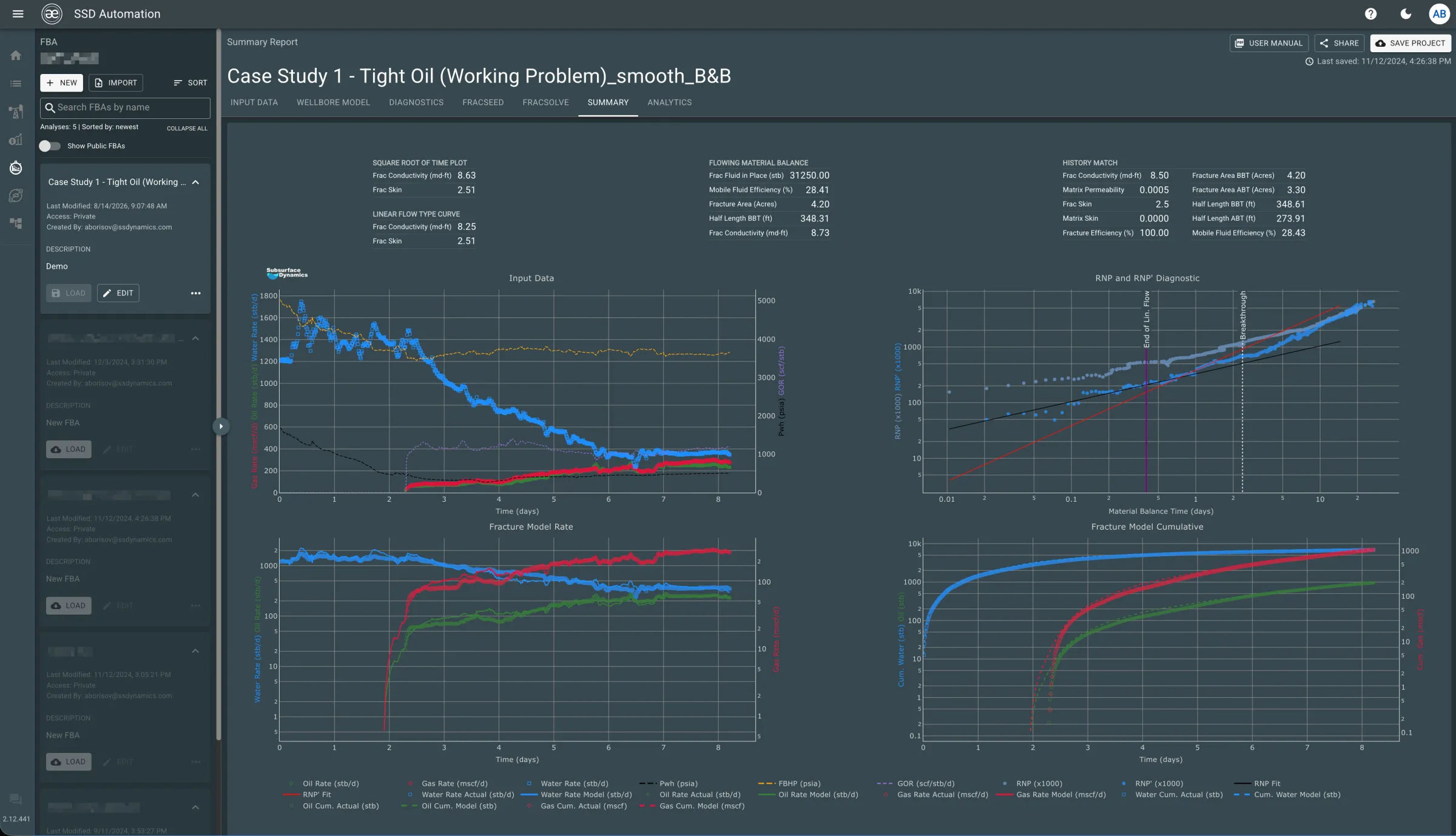 FBA Summary Report dashboard showing input data, RNP diagnostics, and fracture model history match